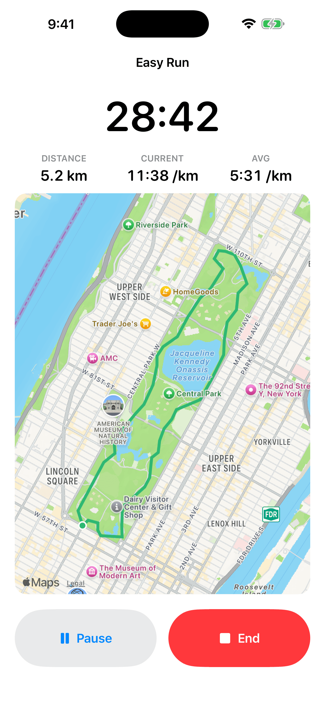 Active outdoor run on iPhone with map and pace metrics